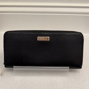 Furla Black Leather Zip-Around Wallet with Gold Logo